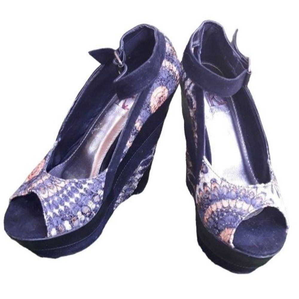 90's Platform Wedge‎ Aztec Tapestry Patchwork Ankle Strap Open Toe Black 5.5